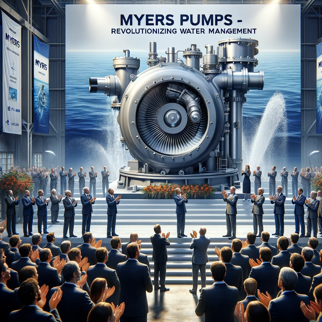 A large, advanced water pump on a stage at the Myers Pumps unveiling event, surrounded by professionals in business attire.
