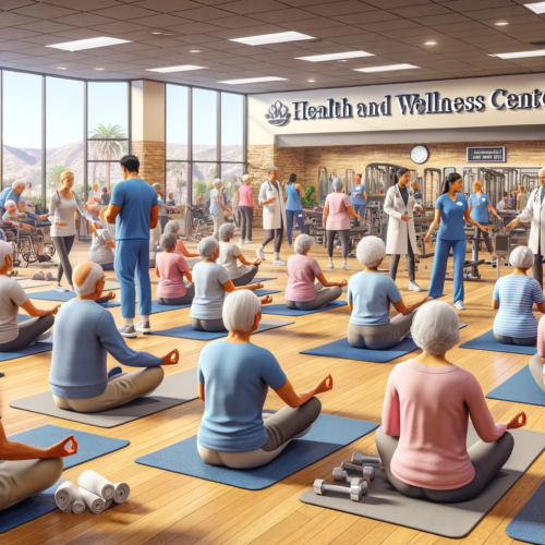 Seniors participating in health and wellness programs such as yoga and nutrition workshops in a center in El Cajon.