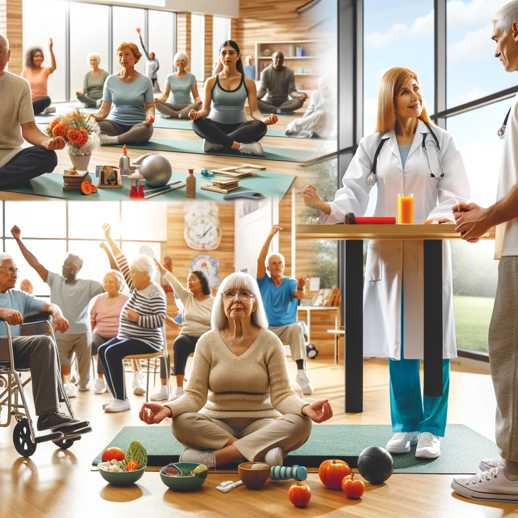 Senior citizens in El Cajon participating in guided meditation, group walking, and cooking classes at a community center.