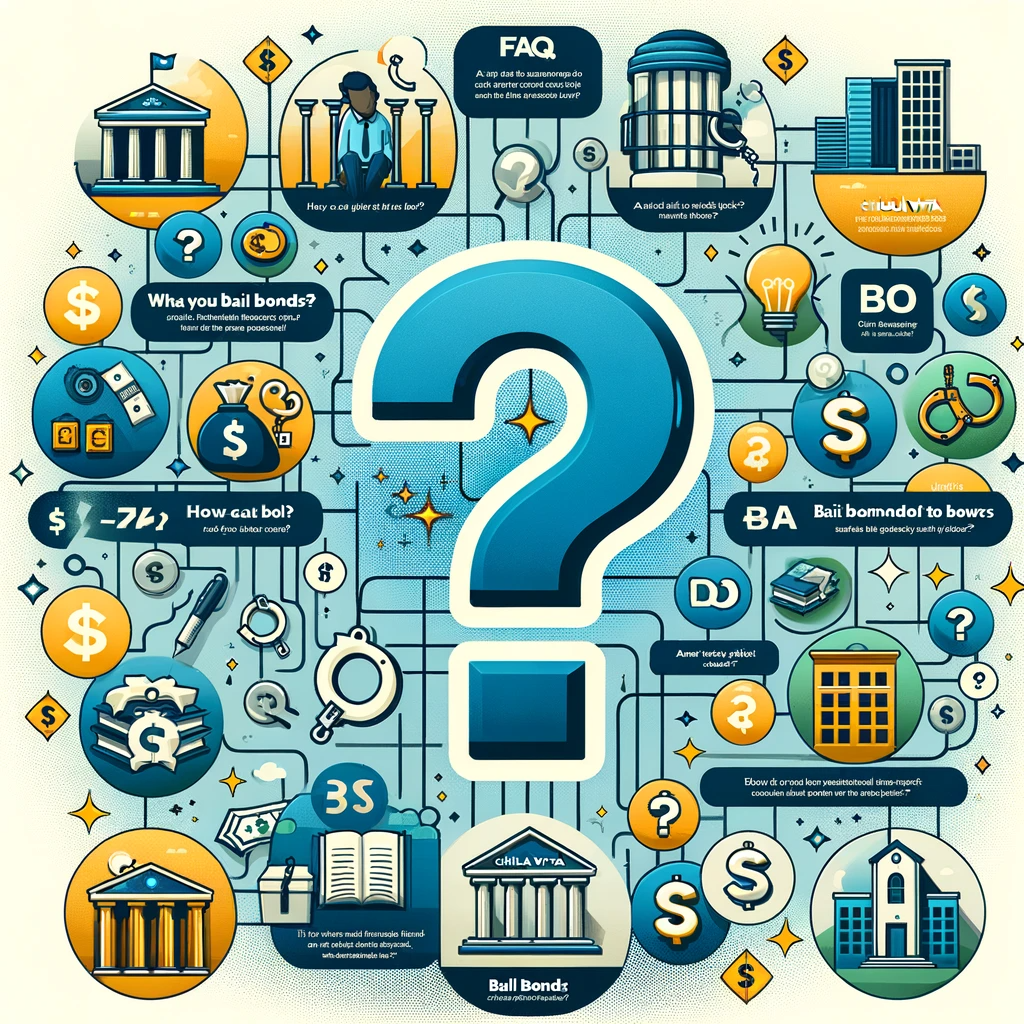 An image with a large question mark surrounded by icons representing FAQs about bail bonds, set against a Chula Vista backdrop.