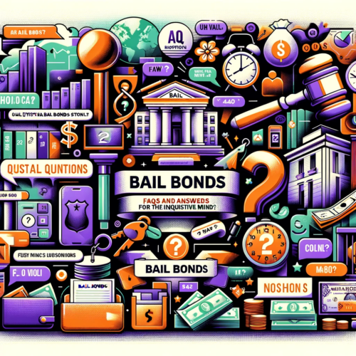 A collage of questions and answers related to bail bonds, with relevant icons on a map of Chula Vista background.