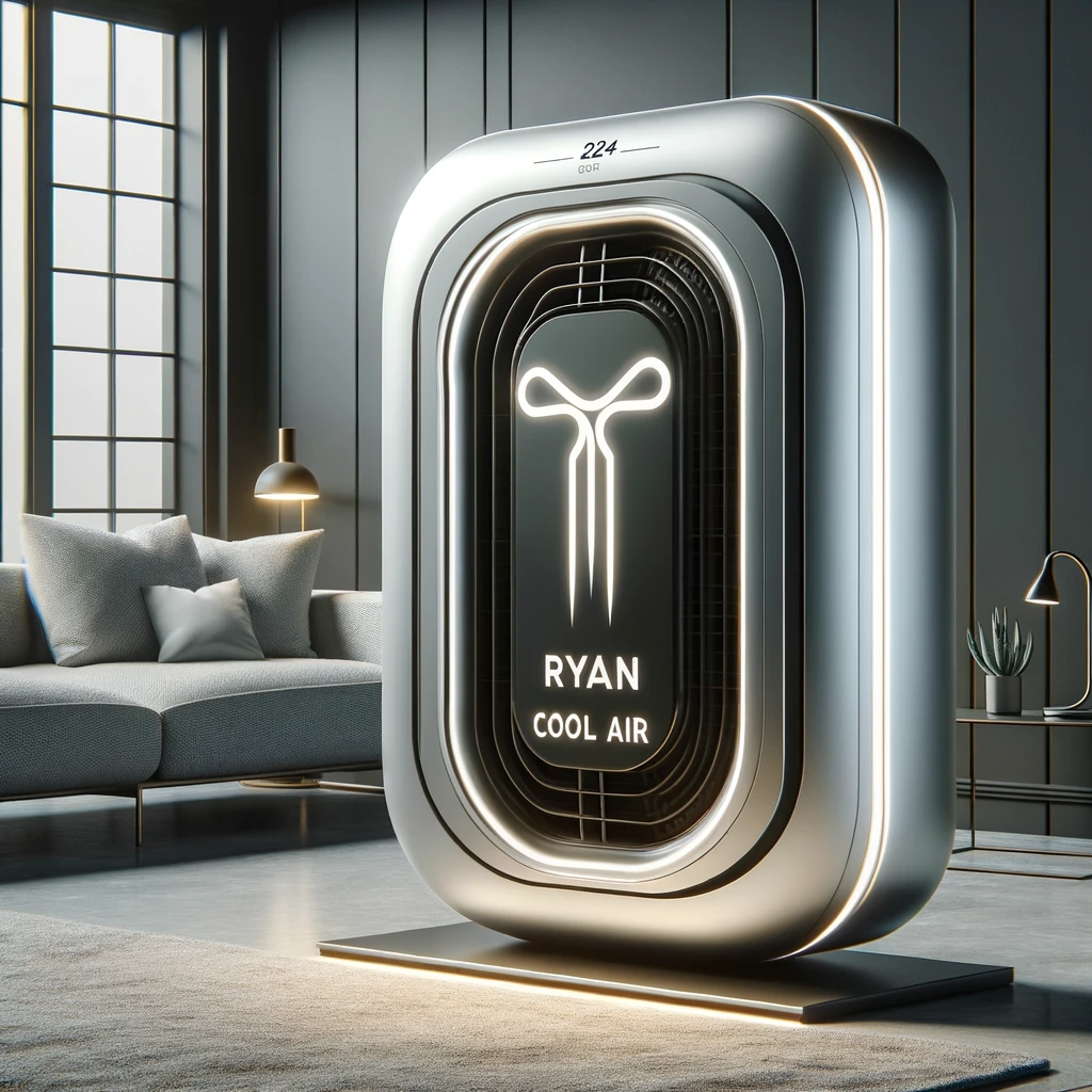 A modern air conditioning unit branded with 'Ryan Cool Air' in a contemporary living room.