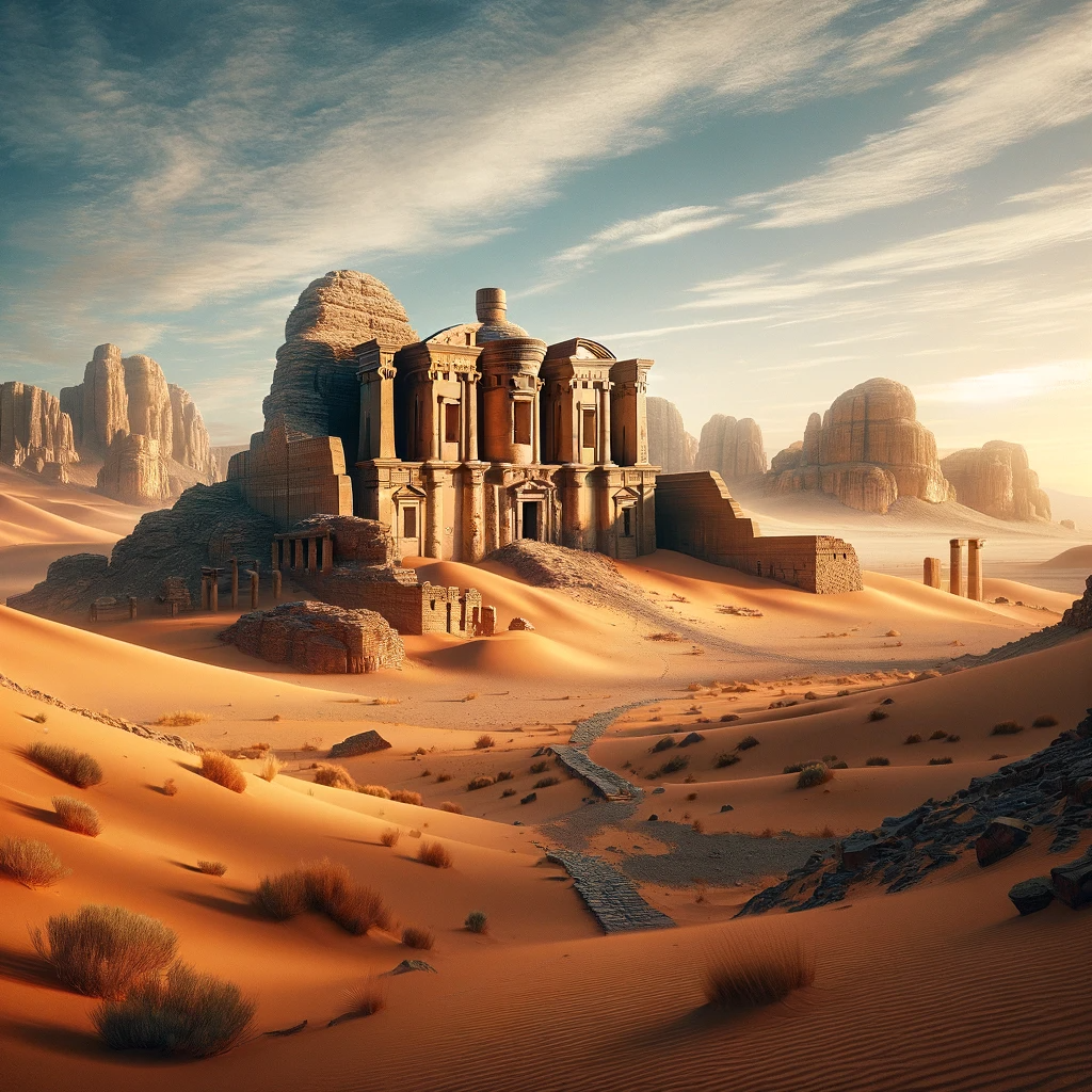 An ancient ruin partially buried in golden desert sands under a clear blue sky.