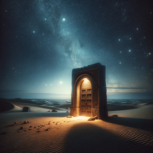 An ancient stone doorway under a starlit desert sky, bathed in moonlight.
